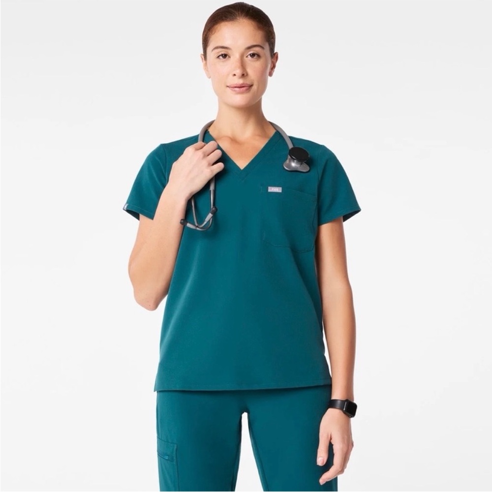 FIGS Catarina Dark Teal Scrub V-Neck‎ Women's Top Size Large